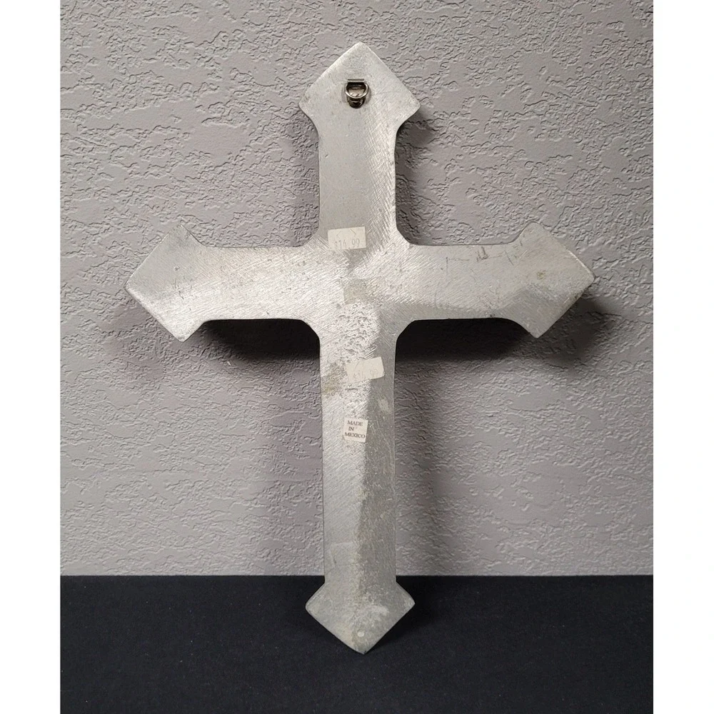 Vintage 1990s Mexican Pewter Wall Cross 13.5